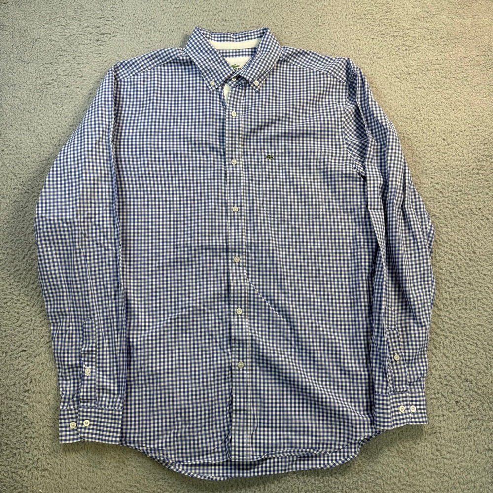 Lacoste Mens Blue White Gingham Check Cotton Button Down Shirt 40 Regular Fit